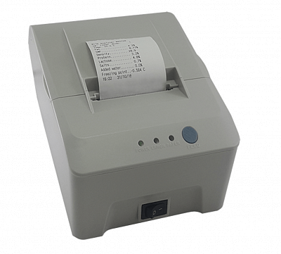 Impresora externa para analizadores de leche con papel térmico, velocidad de impresión 70 mm/seg, diseño compacto.